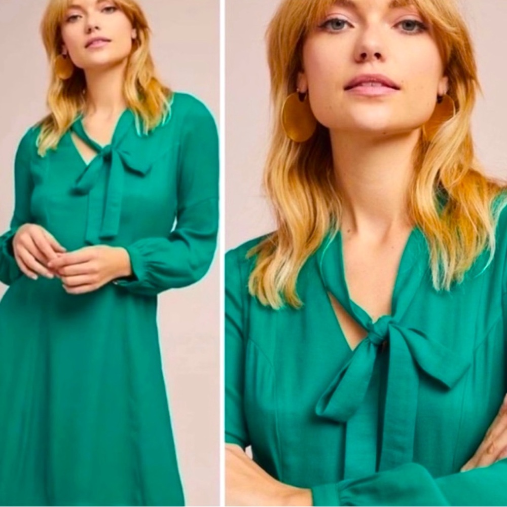 Anthropologie Dress 4 Womens Green A-Line Long SleeveV-Neck Bow Tie Long Sleeve
